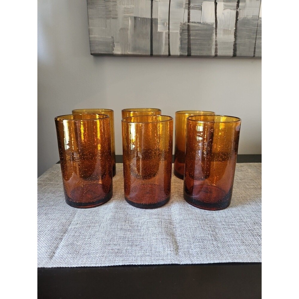 Highball Tumblers ARTLAND IRIS Set of 6 Amber 17 oz Handblown Bubble Glass
